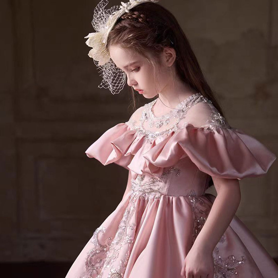Luxury Embroidered Lace Stain Flower Princess Girl Dress Pink J255 DreamyVow Luxury Embroidered Lace Stain Flower Princess Girl Dress Pink J255 DreamyVow