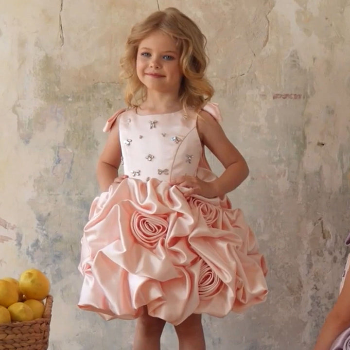 Satin Toddler Flower Girl Dress Princess Style 1st Birthday Party Gown D151
