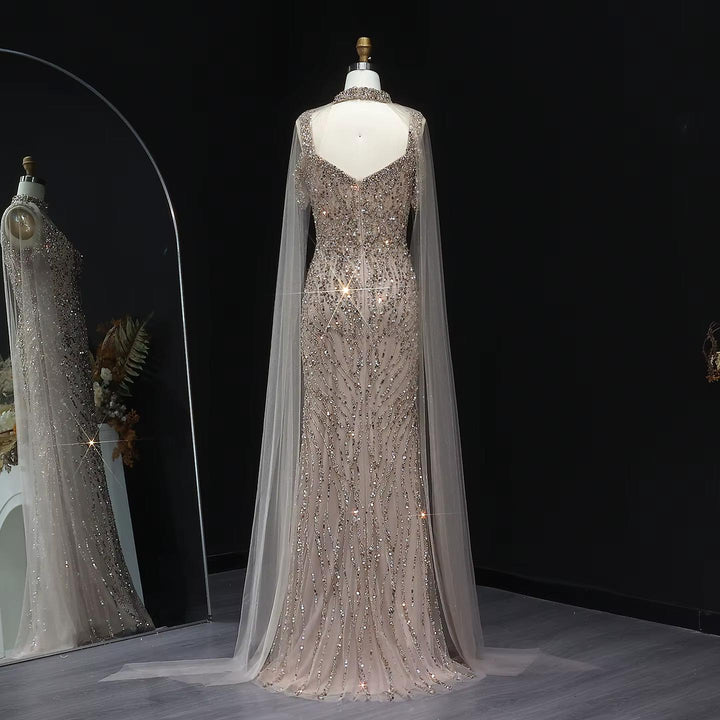 Pink Arabic Mermaid Evening Dress with Cape Sleeves SS033