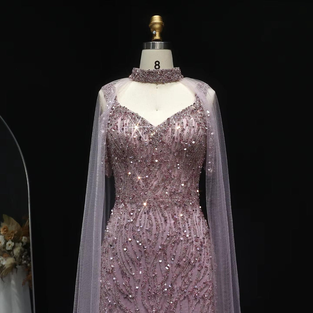 Pink Arabic Mermaid Evening Dress with Cape Sleeves SS033