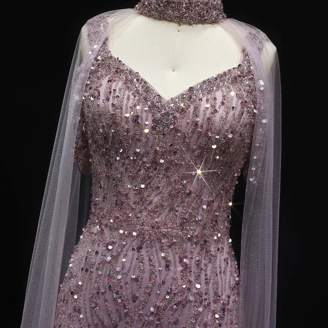 Pink Arabic Mermaid Evening Dress with Cape Sleeves SS033