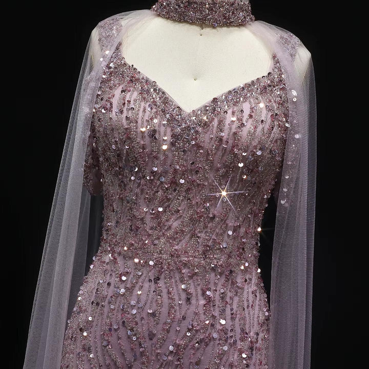 Pink Arabic Mermaid Evening Dress with Cape Sleeves SS033