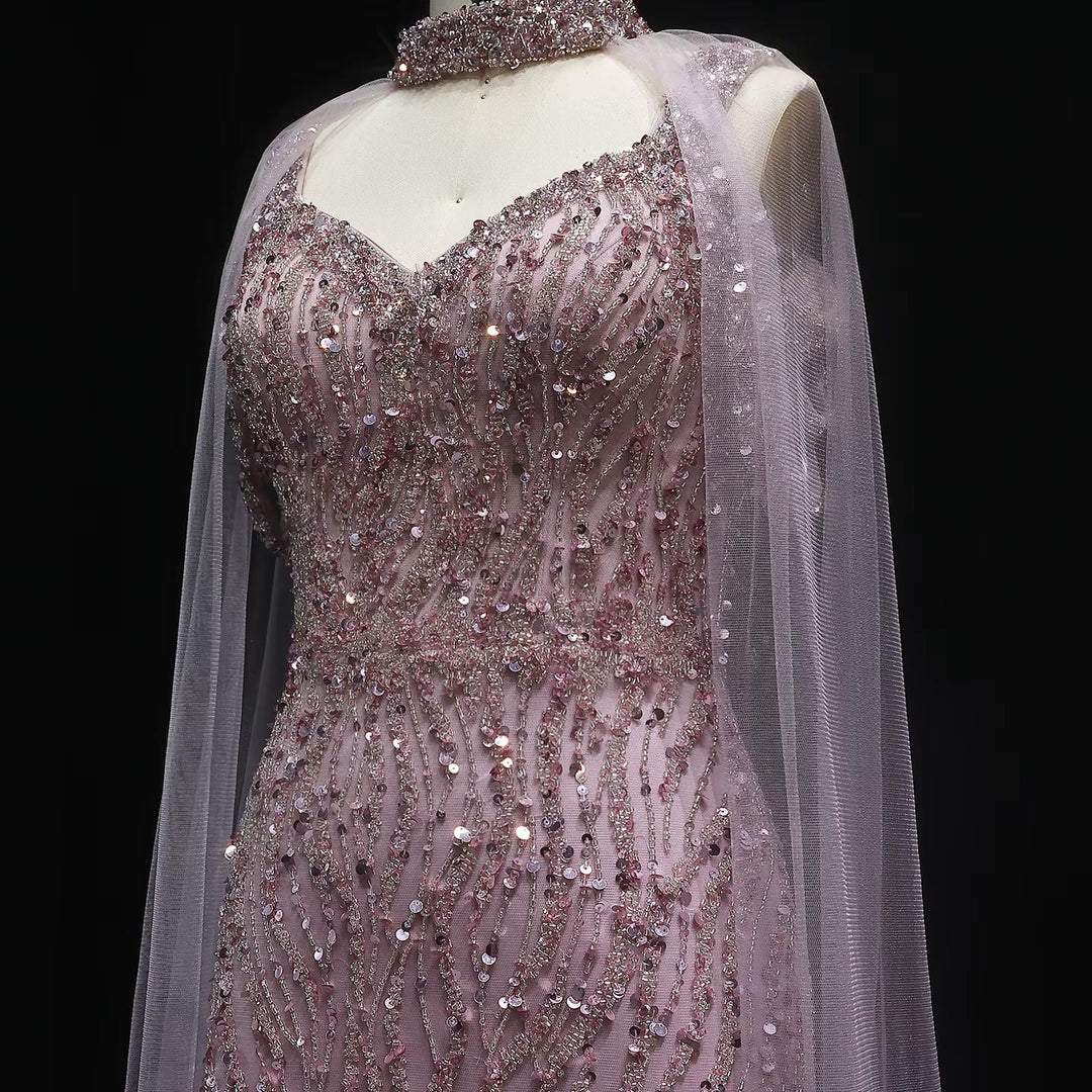 Pink Arabic Mermaid Evening Dress with Cape Sleeves SS033