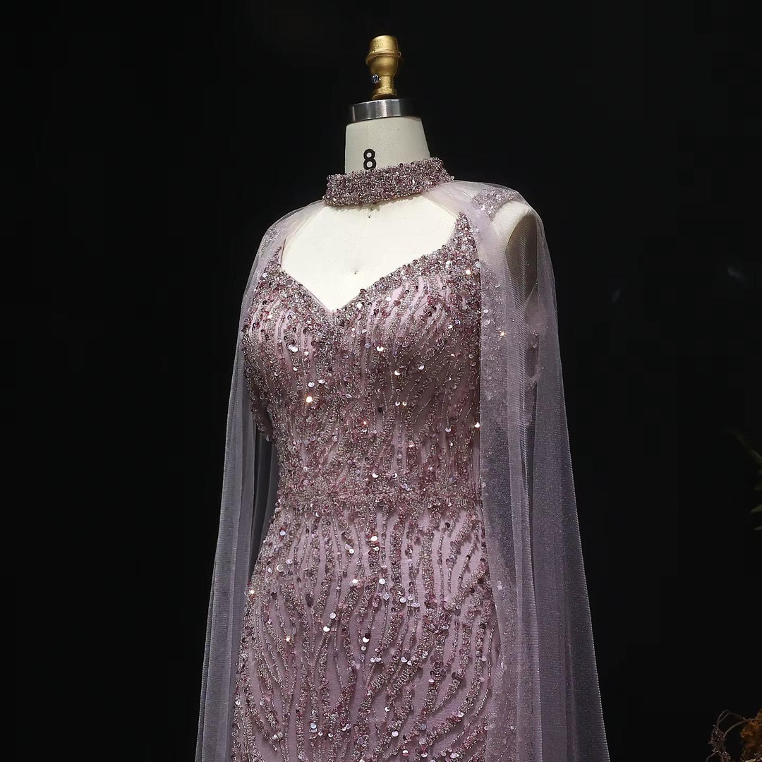 Pink Arabic Mermaid Evening Dress with Cape Sleeves SS033