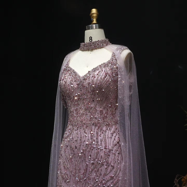 Pink Arabic Mermaid Evening Dress with Cape Sleeves SS033