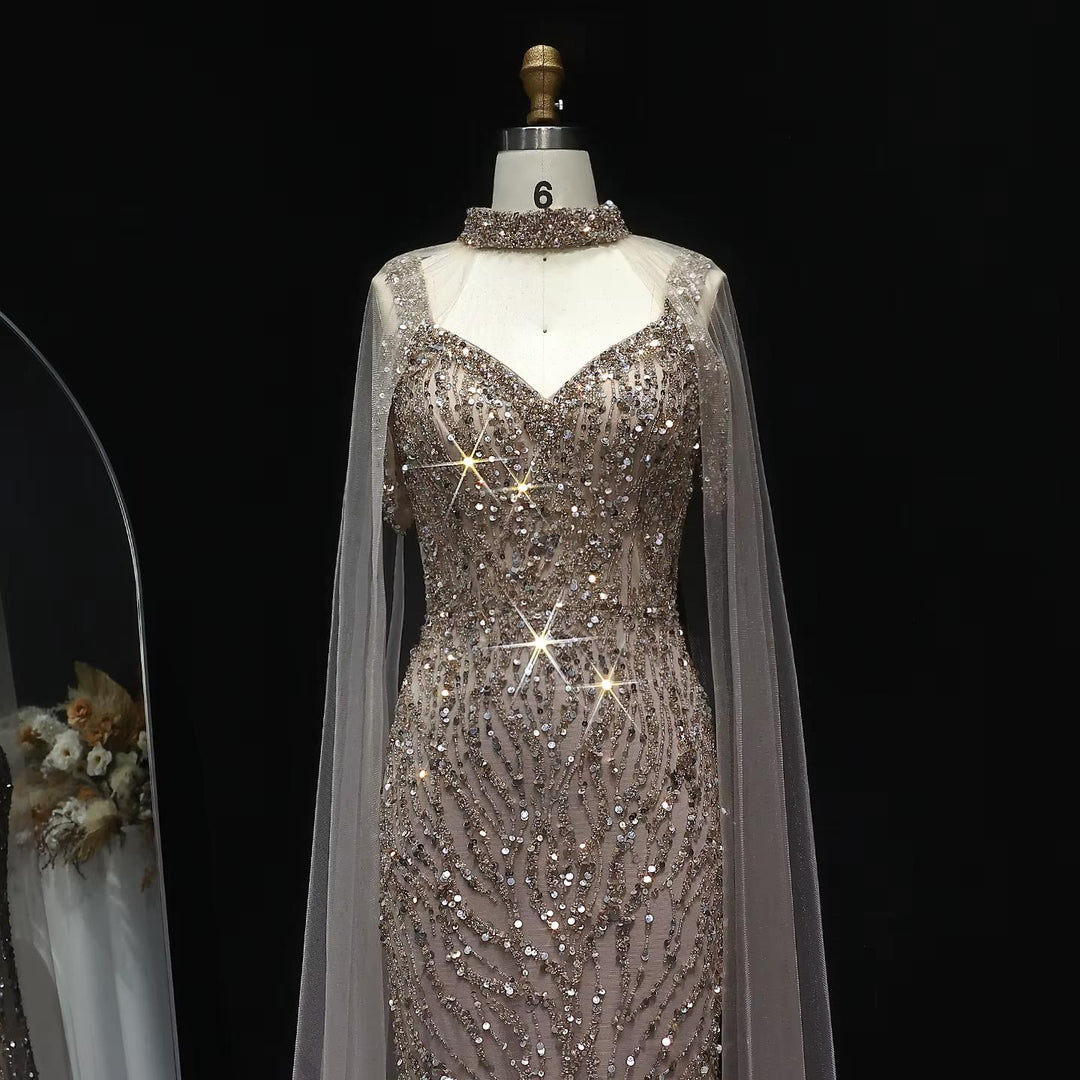 Pink Arabic Mermaid Evening Dress with Cape Sleeves SS033