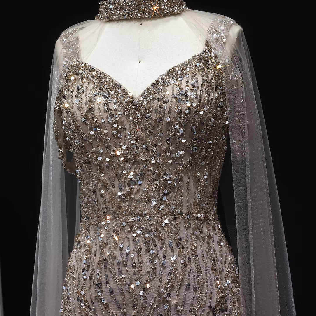Pink Arabic Mermaid Evening Dress with Cape Sleeves SS033