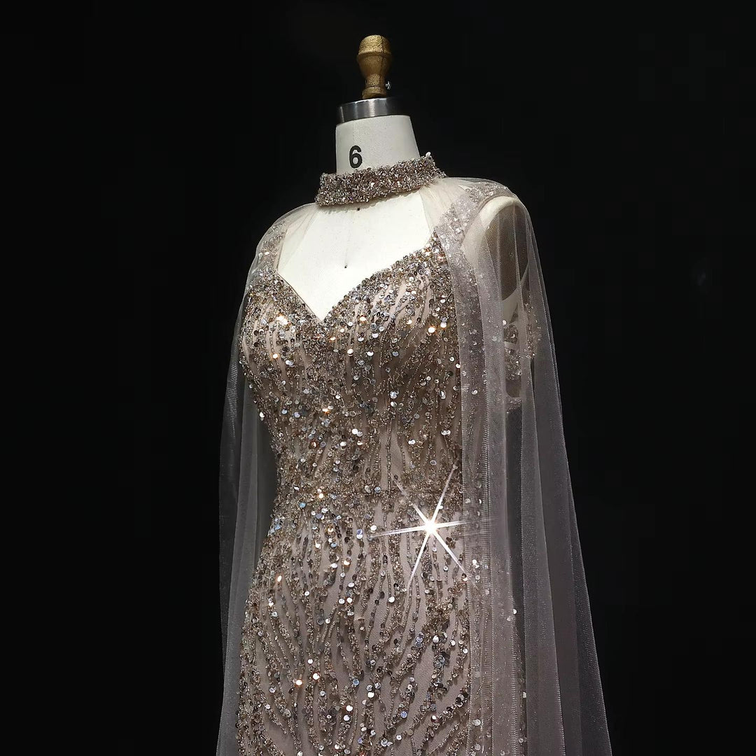Pink Arabic Mermaid Evening Dress with Cape Sleeves SS033