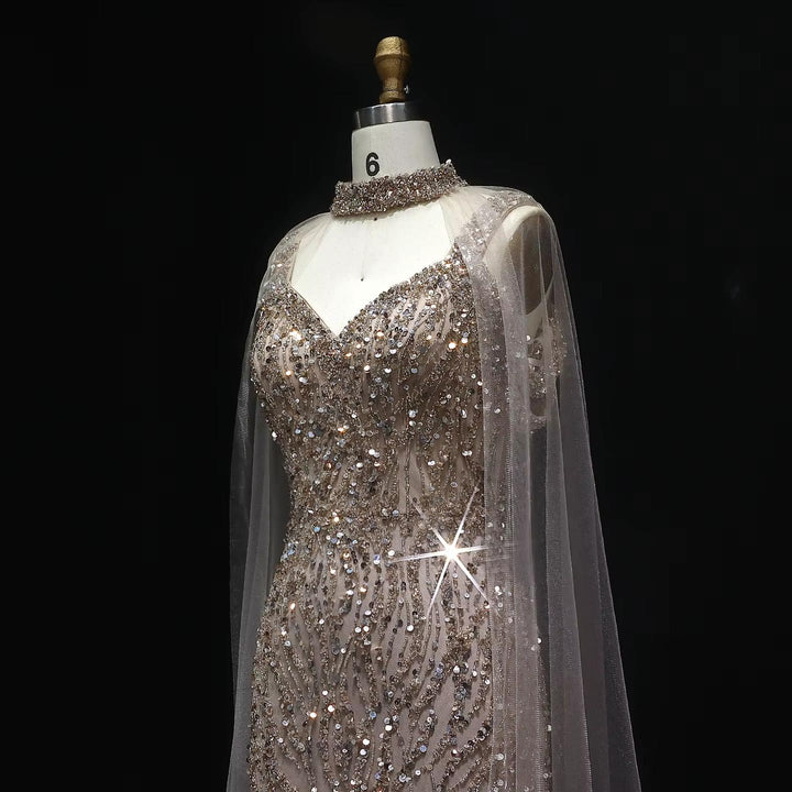 Pink Arabic Mermaid Evening Dress with Cape Sleeves SS033