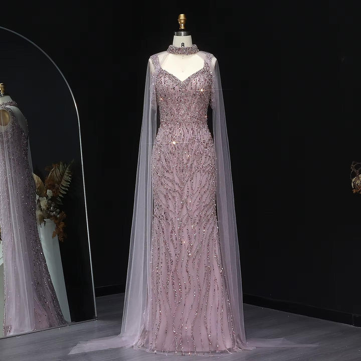 Pink Arabic Mermaid Evening Dress with Cape Sleeves SS033