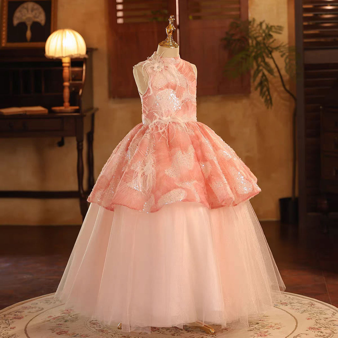 Feathered Princess Girl Gown for Kids Birthday Party D191