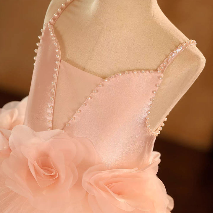 Pink Square Neck Flower Girl Gown for Birthday and Pageant D190
