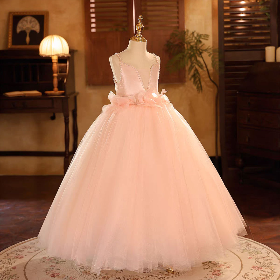 Pink Square Neck Flower Girl Gown for Birthday and Pageant D190