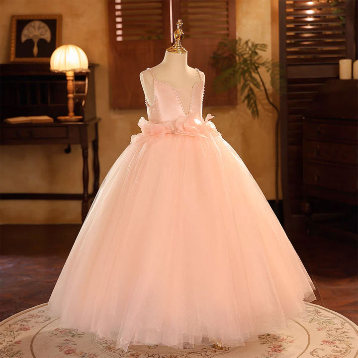 Pink Square Neck Flower Girl Gown for Birthday and Pageant D190