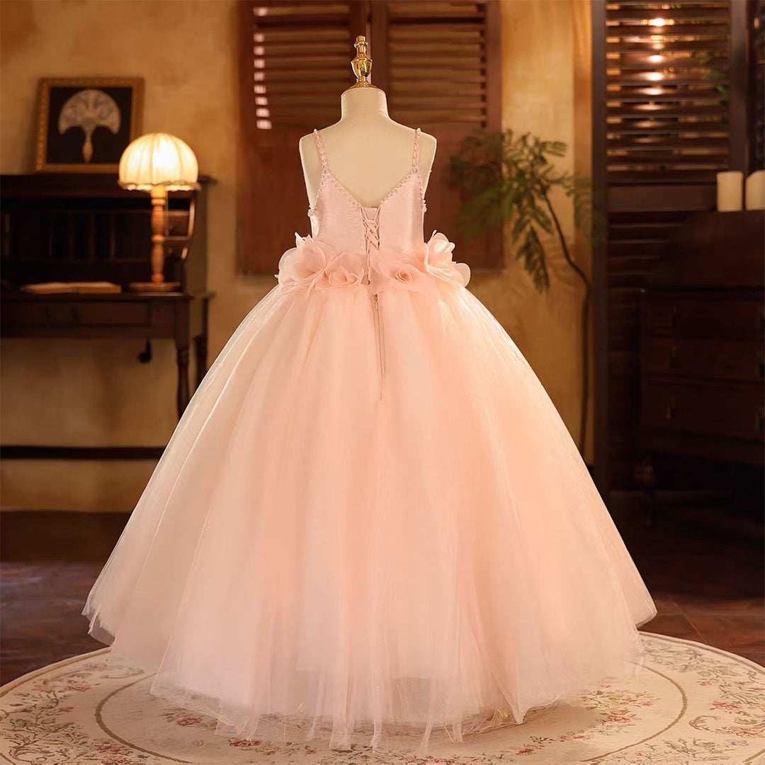 Pink Square Neck Flower Girl Gown for Birthday and Pageant D190