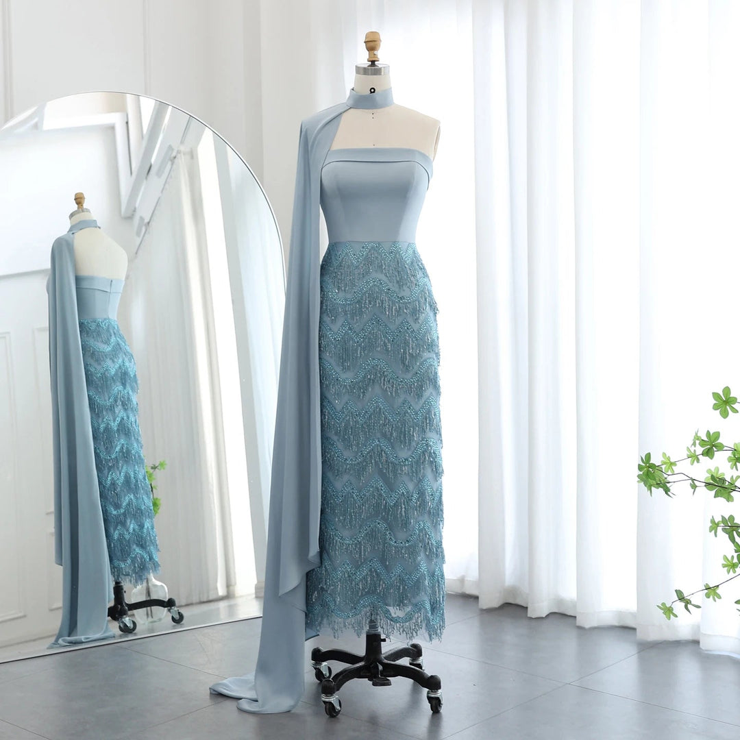 Pink Tassel Evening Dress Strapless Women Wedding Party Gowns SS143, Sage Green / 14