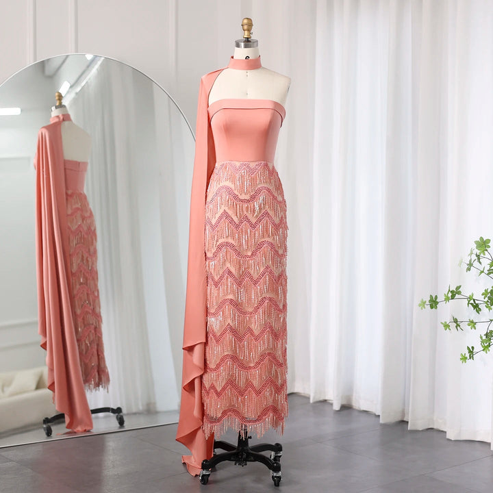Pink Tassel Evening Dress Strapless Women Wedding Party Gowns SS143