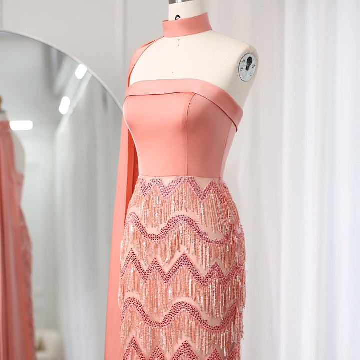 Pink Tassel Evening Dress Strapless Women Wedding Party Gowns SS143
