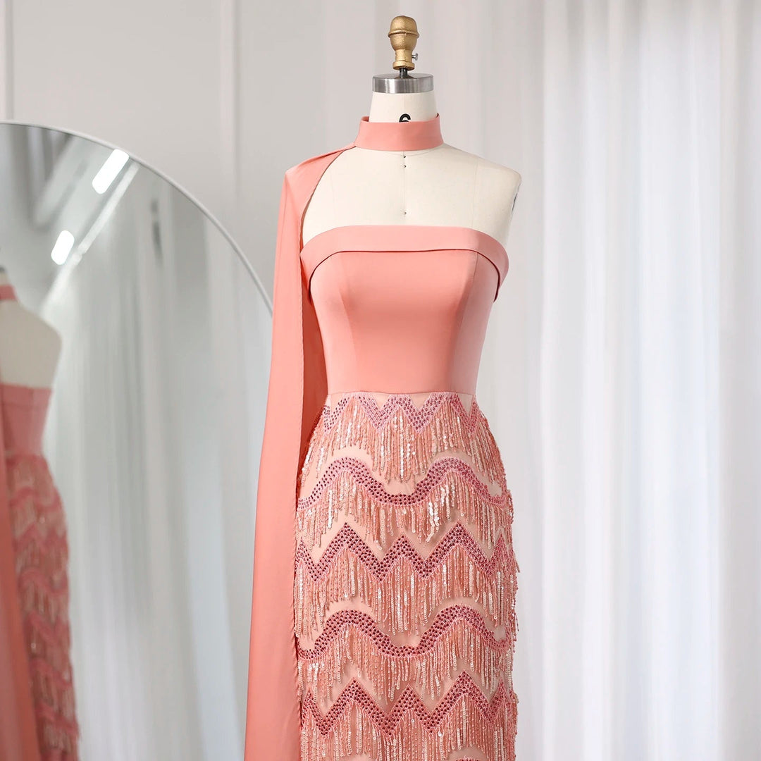 Pink Tassel Evening Dress Strapless Women Wedding Party Gowns SS143