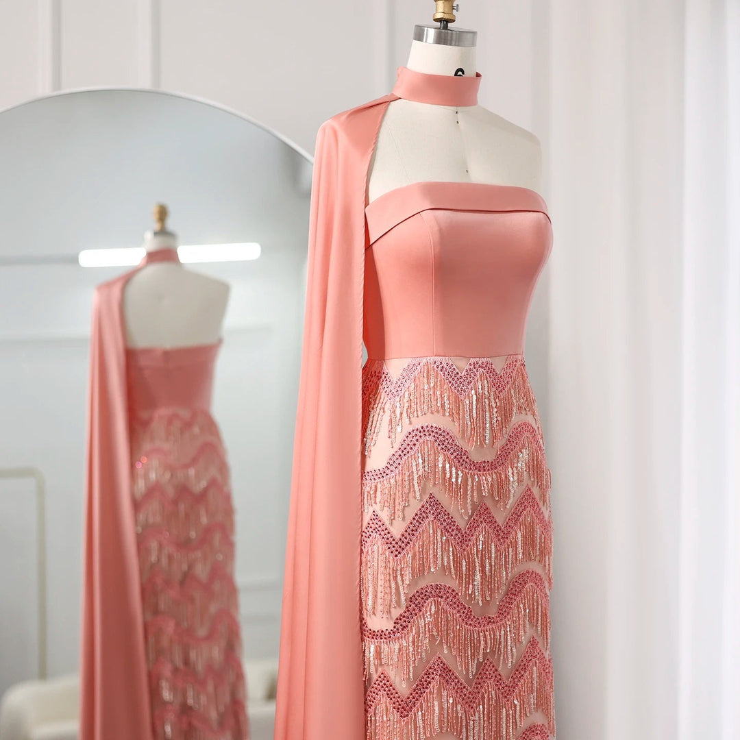 Pink Tassel Evening Dress Strapless Women Wedding Party Gowns SS143