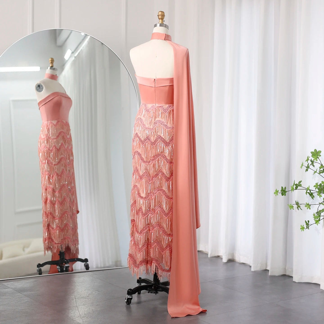 open lace back dress Pink Tassel Evening Dress Strapless Women Wedding Party Gowns SS143, Sage Green / 14