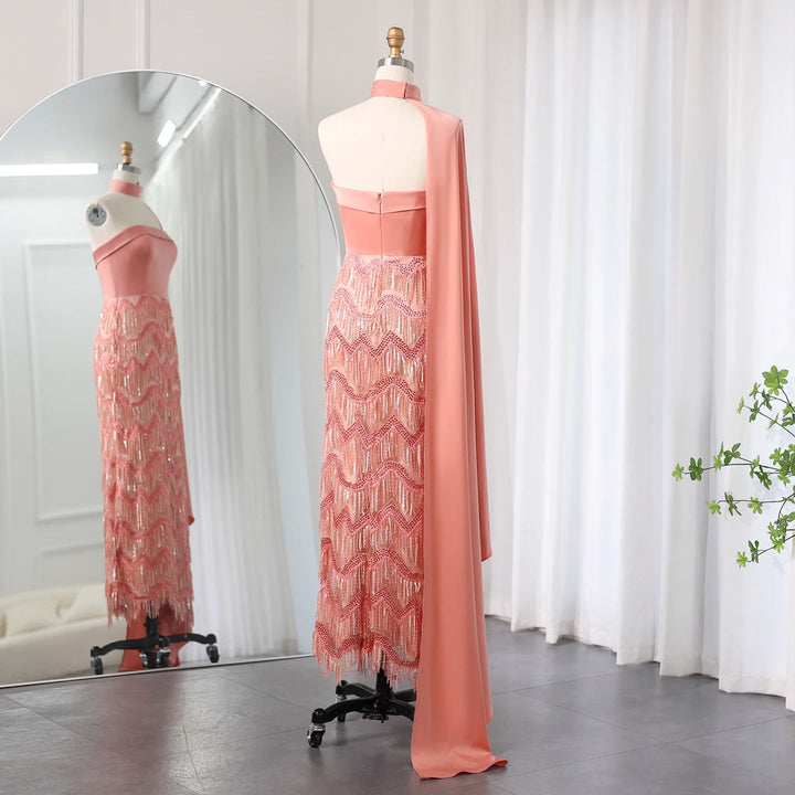 Pink Tassel Evening Dress Strapless Women Wedding Party Gowns SS143