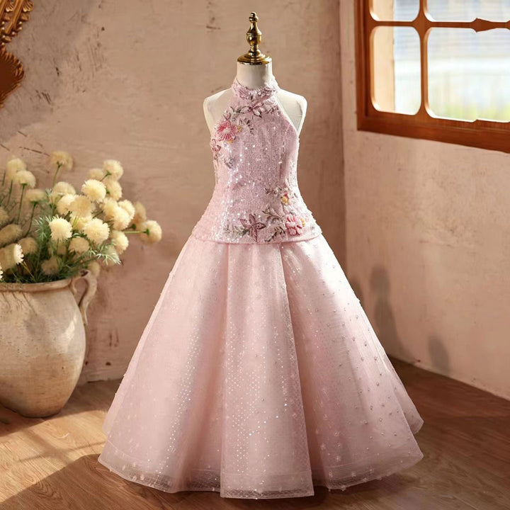 Elegant Pink Flower Girl Dress with Floral Embroidery and Sparkly Tulle Skirt D338