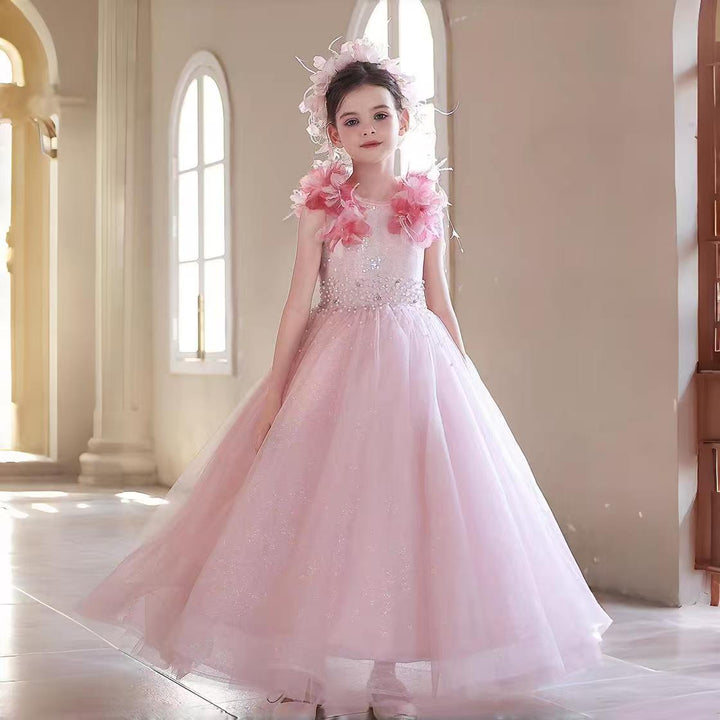 Elegant Pink Flower Girl Dress with 3D Floral Details J096