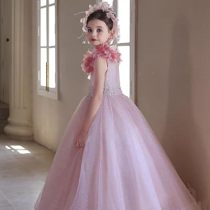 Elegant Pink Flower Girl Dress with 3D Floral Details J096