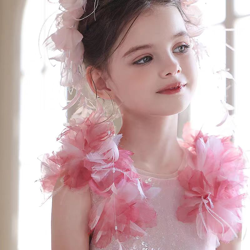 Elegant Pink Flower Girl Dress with 3D Floral Details J096