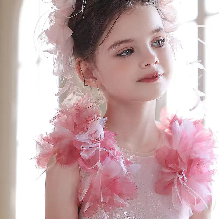 Elegant Pink Flower Girl Dress with 3D Floral Details J096