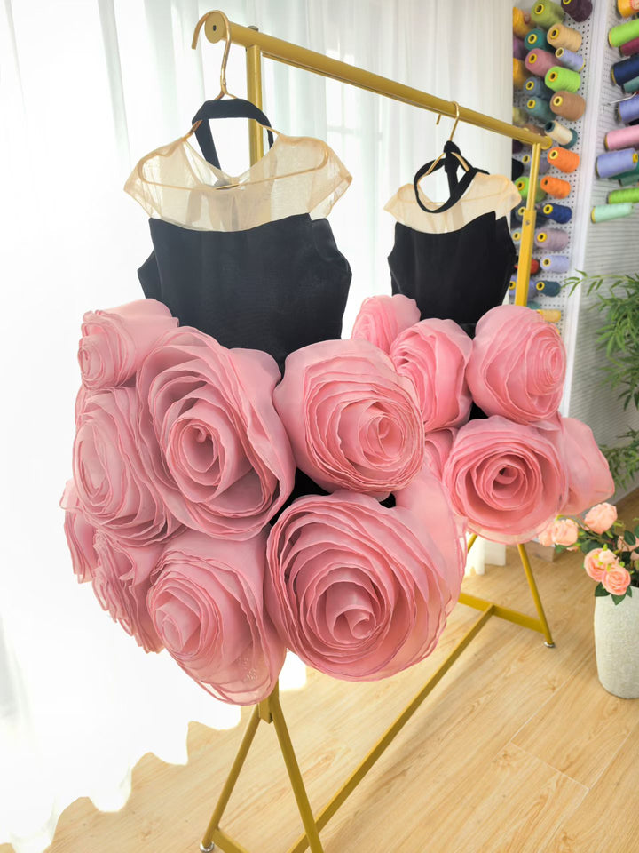 Luxury Black and Pink 3D Rose Flower Girl Dress with Statement Couture Skirt D260