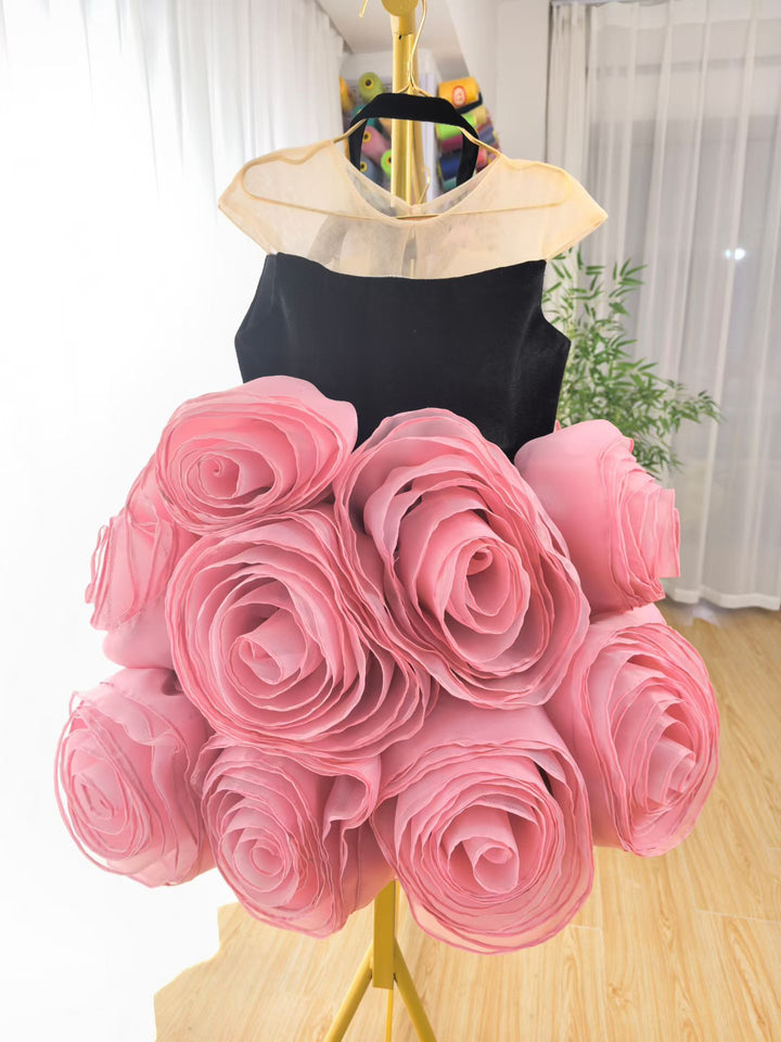 Luxury Black and Pink 3D Rose Flower Girl Dress with Statement Couture Skirt D260