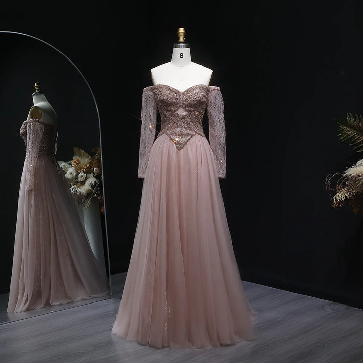 Elegant Champagne Off Shoulder Evening Gown with Arabic Style SS116