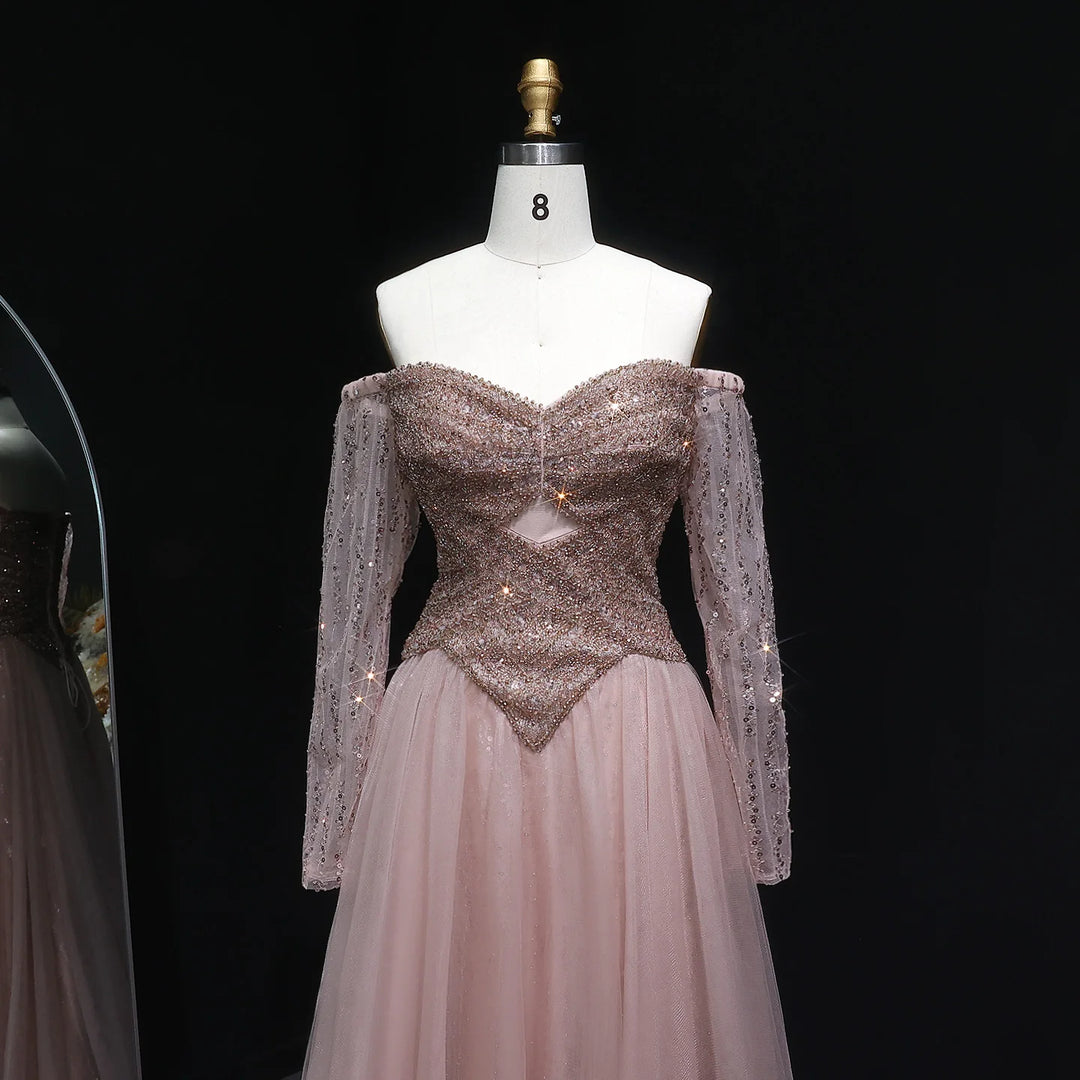 Elegant Champagne Off Shoulder Evening Gown with Arabic Style SS116