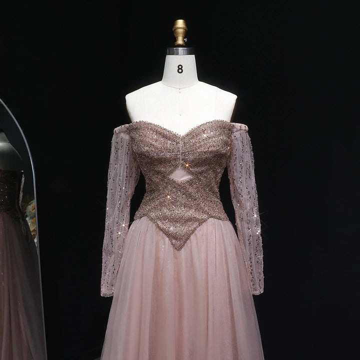 Elegant Champagne Off Shoulder Evening Gown with Arabic Style SS116