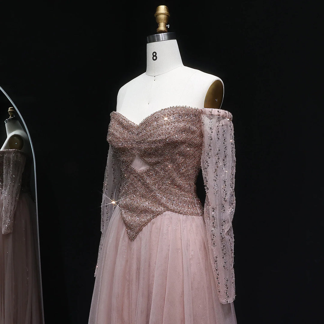 Elegant Champagne Off Shoulder Evening Gown with Arabic Style SS116