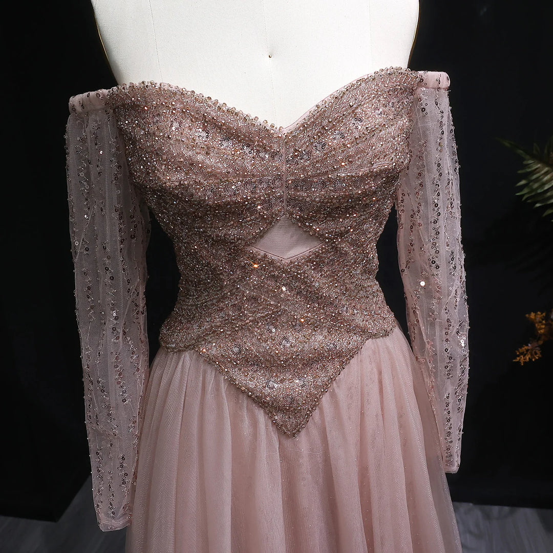 Elegant Champagne Off Shoulder Evening Gown with Arabic Style SS116