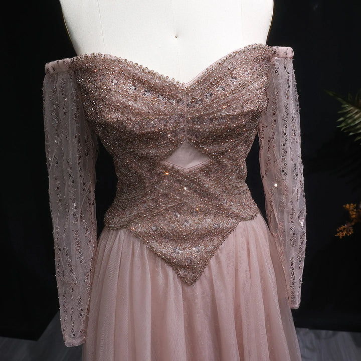 Elegant Champagne Off Shoulder Evening Gown with Arabic Style SS116