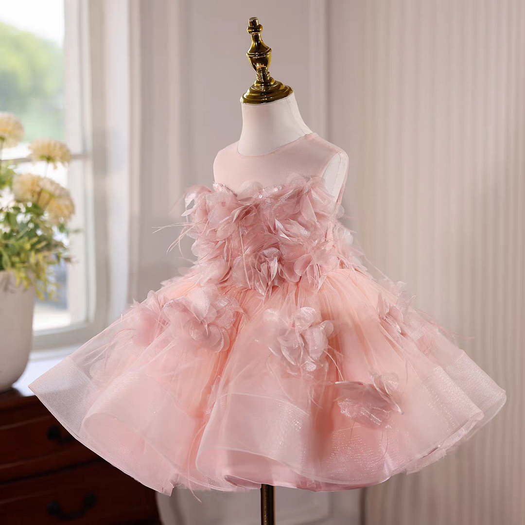 Charming Pink Flower Girl Dress Applique Feather Keen Length J564