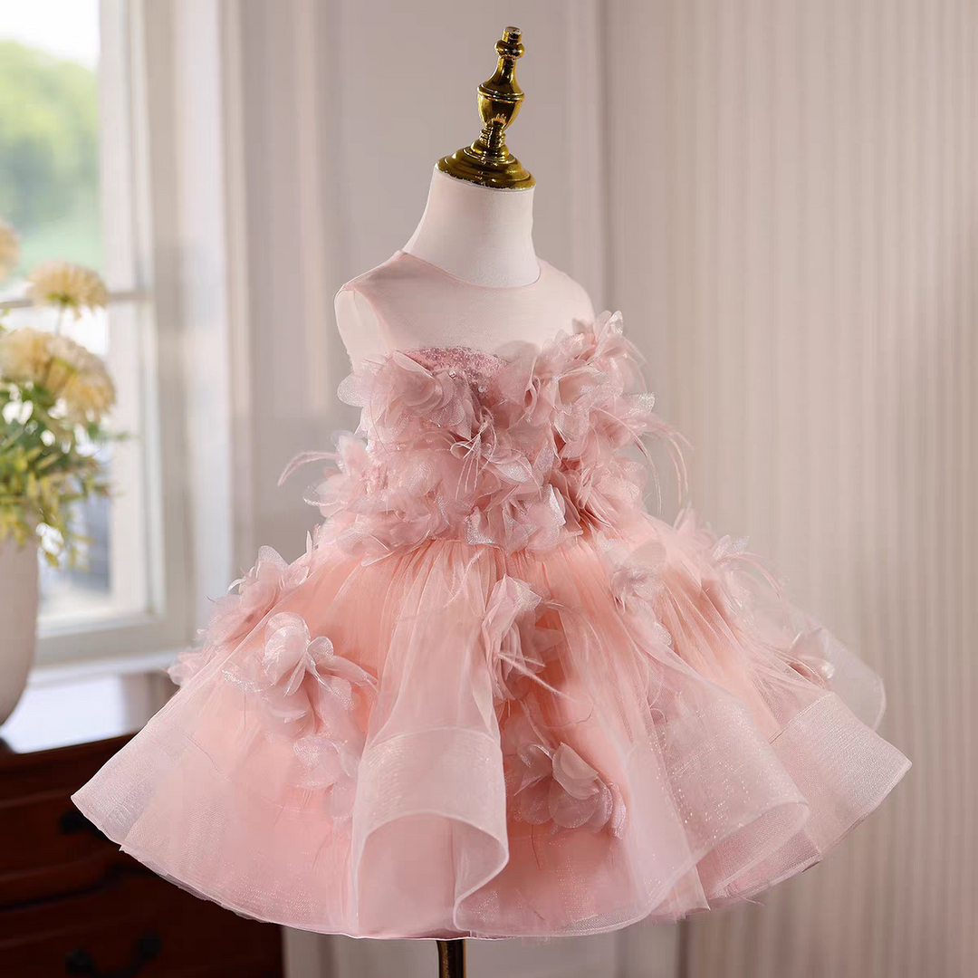 Charming Pink Flower Girl Dress Applique Feather Keen Length J564