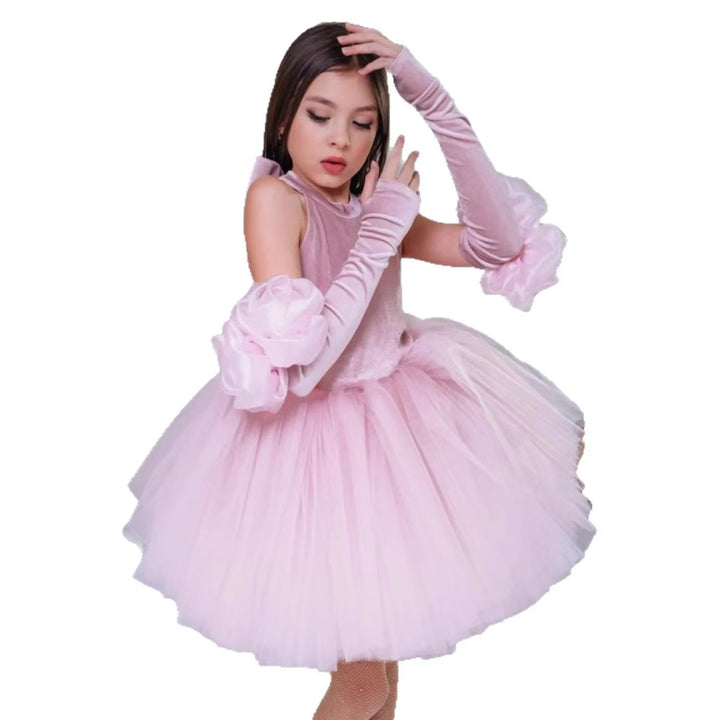 Luxury Kids Princess Dress with Handmade Flowers and Half Sleeves J594