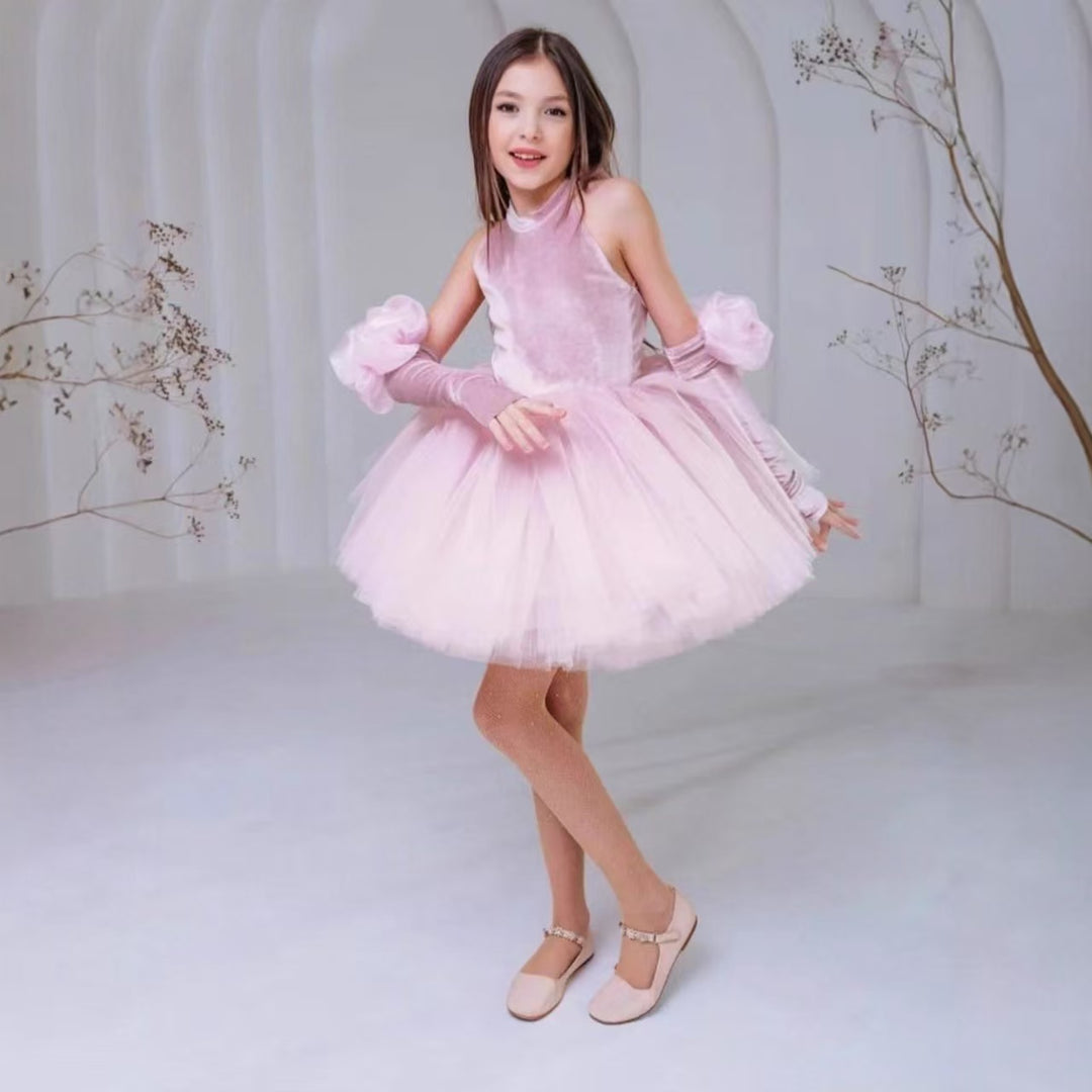 Luxury Kids Princess Dress with Handmade Flowers and Half Sleeves J594