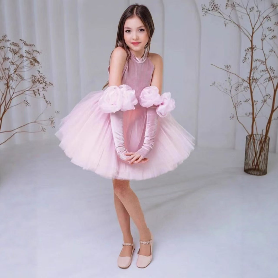 Luxury Kids Princess Dress with Handmade Flowers and Half Sleeves J594