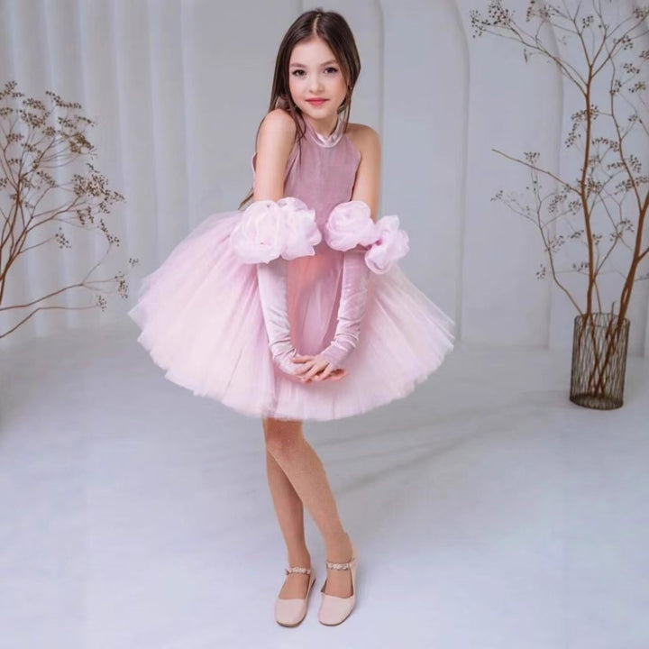 Luxury Kids Princess Dress with Handmade Flowers and Half Sleeves J594
