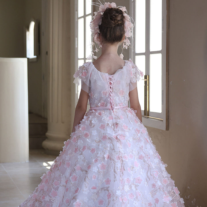 Elegant 3D Floral Pink Girl Gown Princess Style for Birthday Party J183