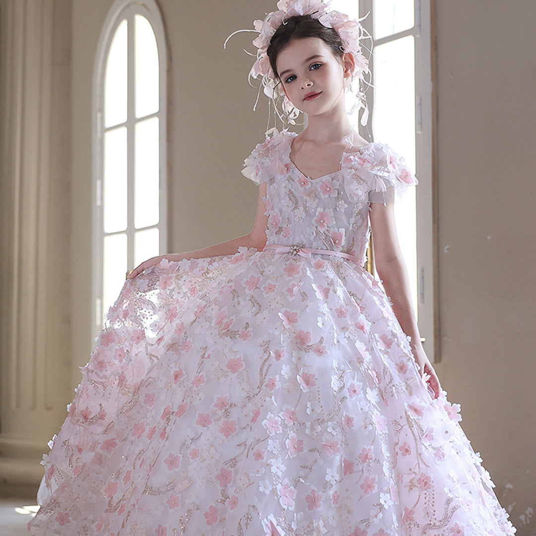 Elegant 3D Floral Pink Girl Gown Princess Style for Birthday Party J183