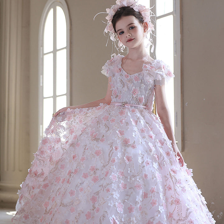 Elegant 3D Floral Pink Girl Gown Princess Style for Birthday Party J183