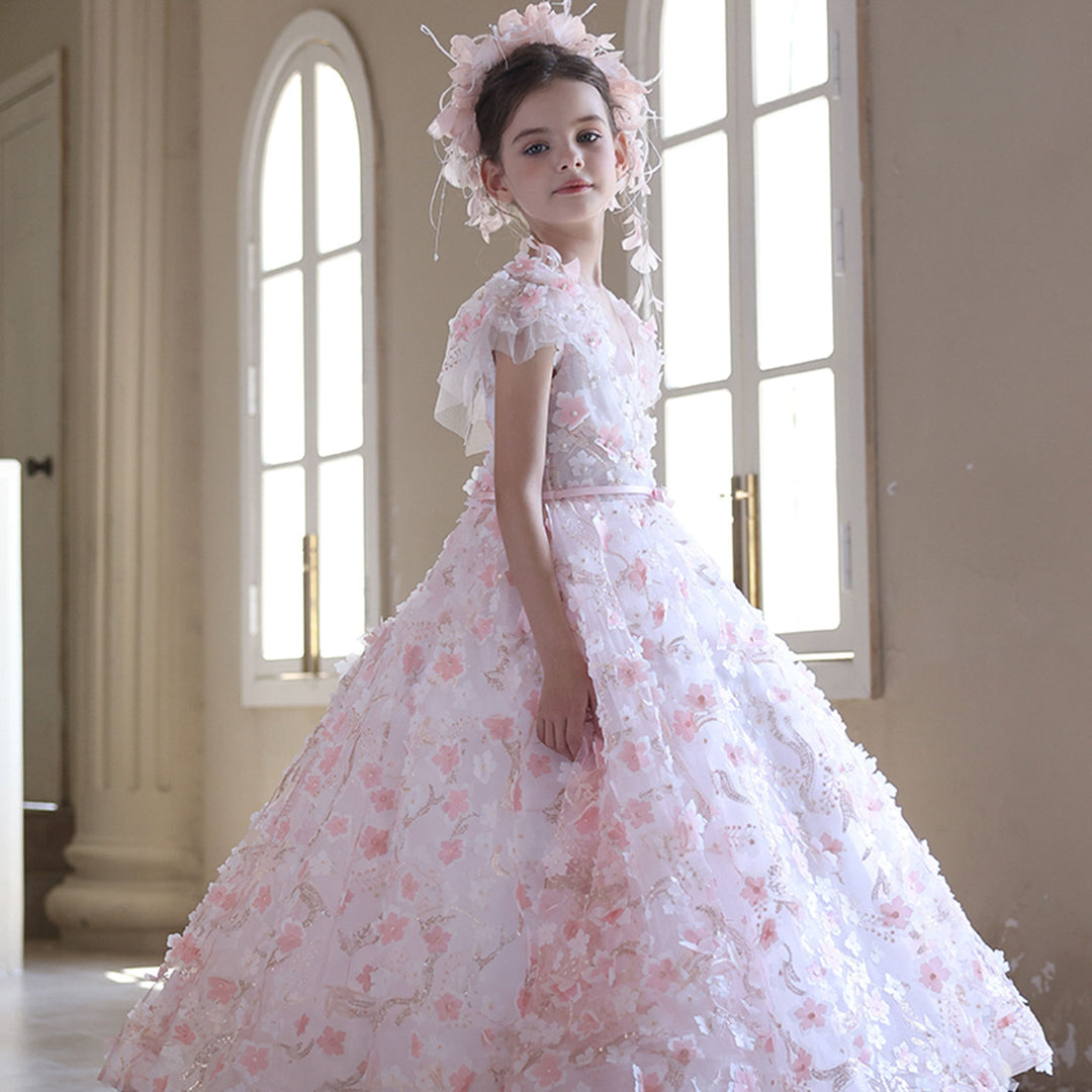 Elegant 3D Floral Pink Girl Gown Princess Style for Birthday Party J183