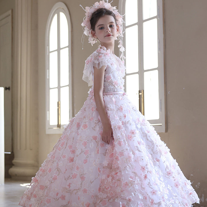Elegant 3D Floral Pink Girl Gown Princess Style for Birthday Party J183